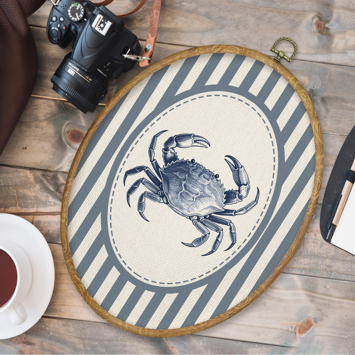 Blue Coastal Beach Crab Oval Wall Art Decor (Color056)