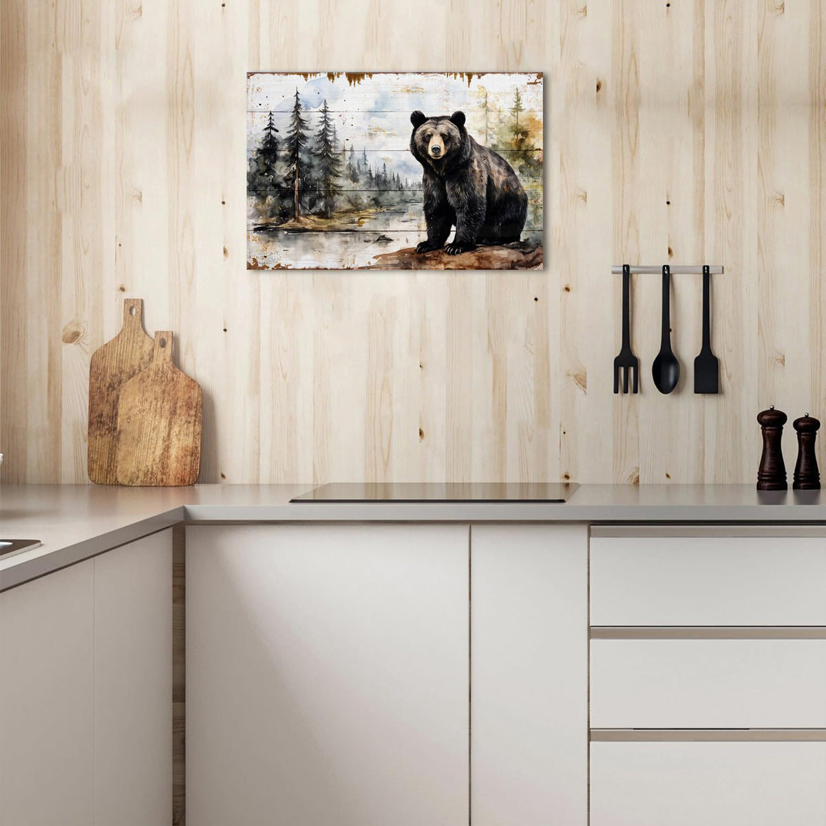 Rustic Bear Canvas Wall Art Wildlife Animal Theme Wall Decor Abstract Woodland Forest Canvas Prints Picture for Kitchen Living Room Farmhouse Rustic Decor Pine Trees Poster Painting Artwork 20x30” (30"L x 20"W / Bear Forest)