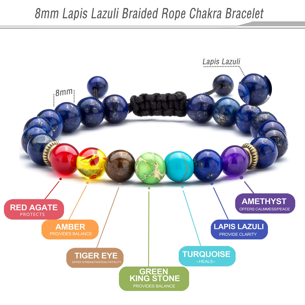 8mm Lava Rock 7 Chakras Diffuser Bracelet Braided Rope Natural Stone Yoga Beads Bracelet Bangle (Lapis lazul-21004)