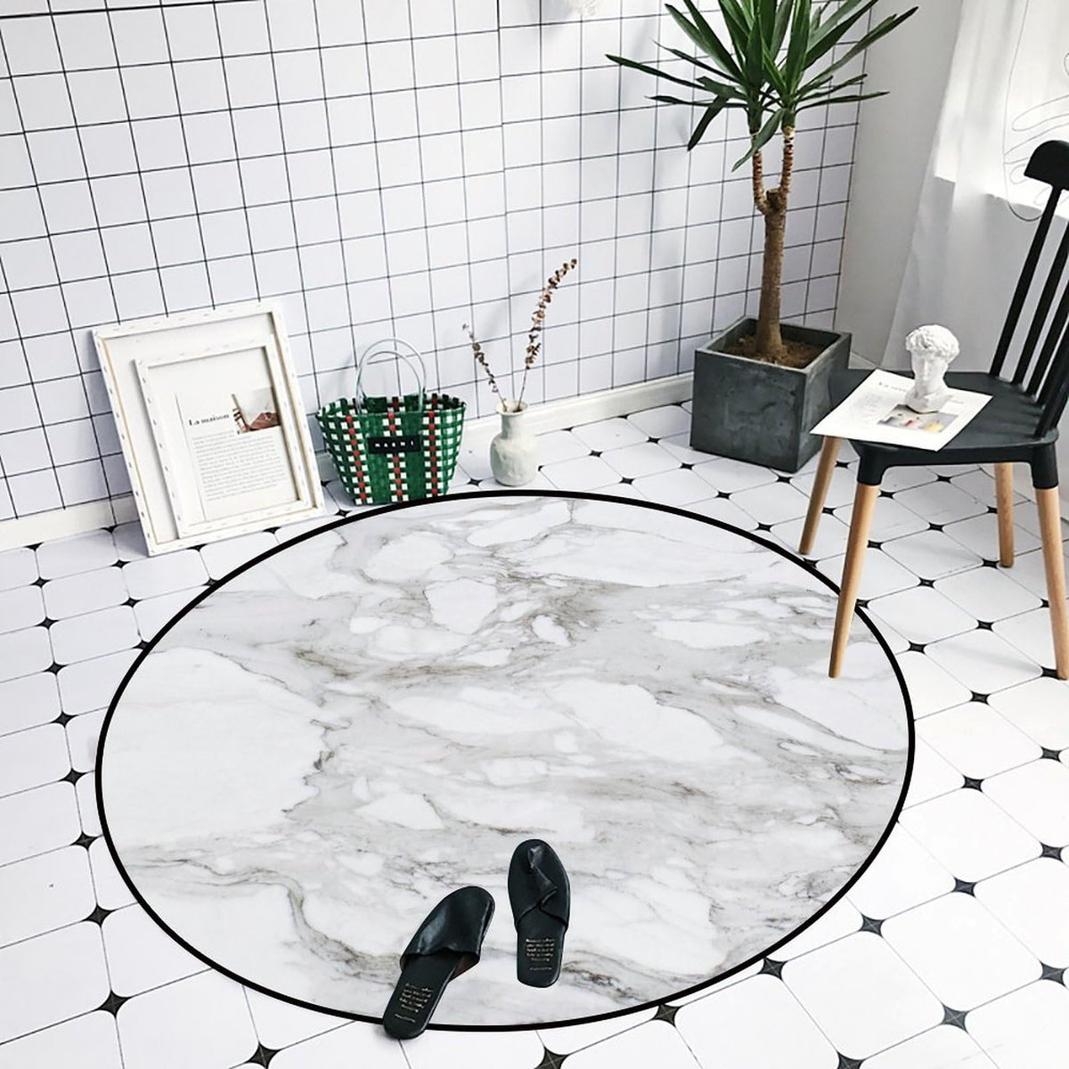 Round Area Rugs 5 FT Washable Non Slip Circle Rug (Grey White / 5' (Round))