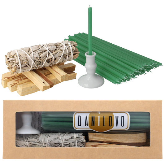 Smudging Kit 5 Palo Santo Sticks (Green / Candle holder included)