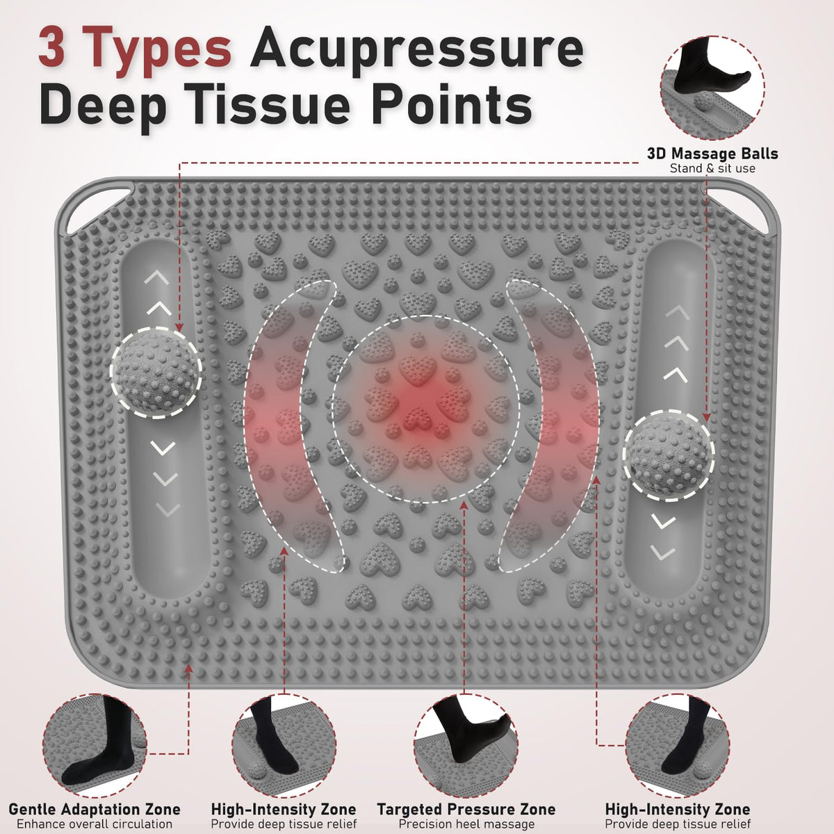 Acupressure Foot Massage Mat & Massage Balls 2 for Body Plantar Fasciitis (22.4x14.2" Grey)