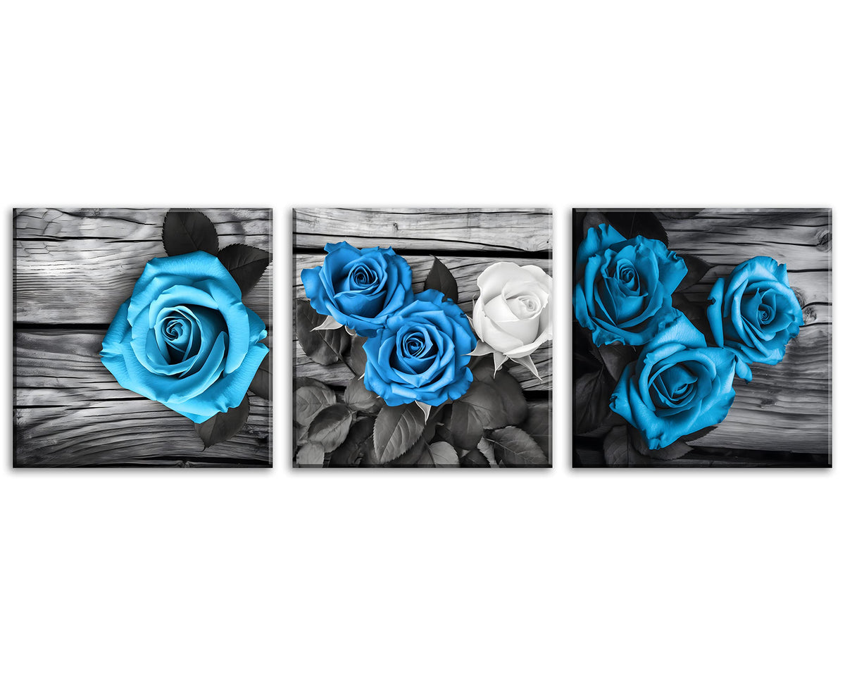 Blue Wall Decor for Living Room Blue Bathroom Accessories Black and White Canvas Wall Art Blue Rose Pictures Bedroom Decor Modern Painting Kitchen Home Decorations 16x16 3 Pcs (16 x 16 inches (3-Piece Set) / Blue Rose)