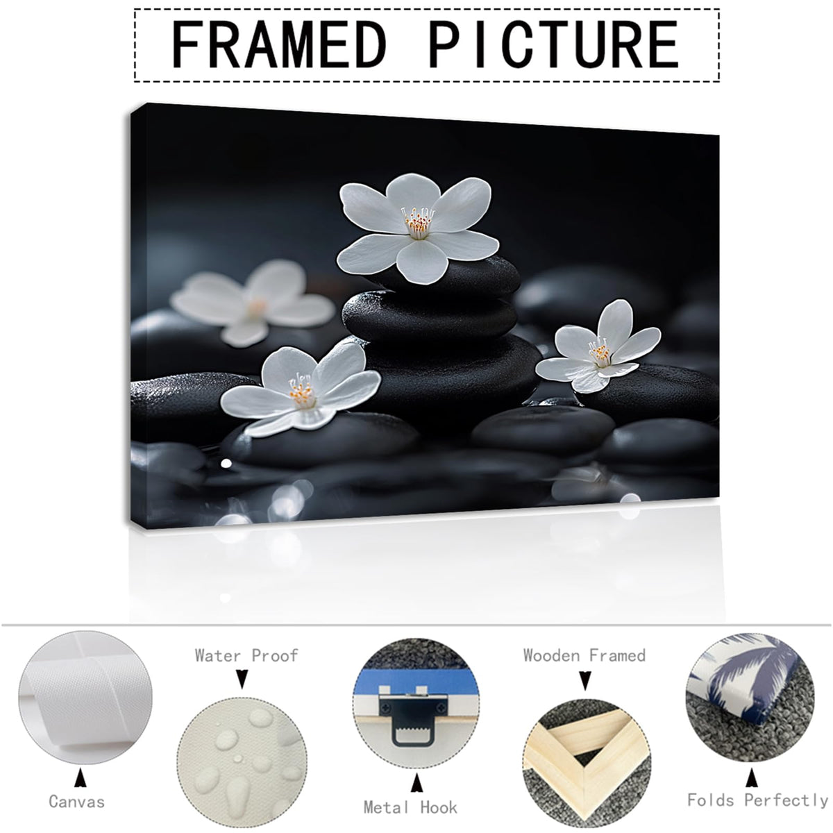 Zen Wall Art Canvas Print Black Stones and White Cherry Blossoms Picture Framed Artwork Poster for Meditation Room Spa Bathroom Decor (WE000050-8 / 18"L x 12"W)