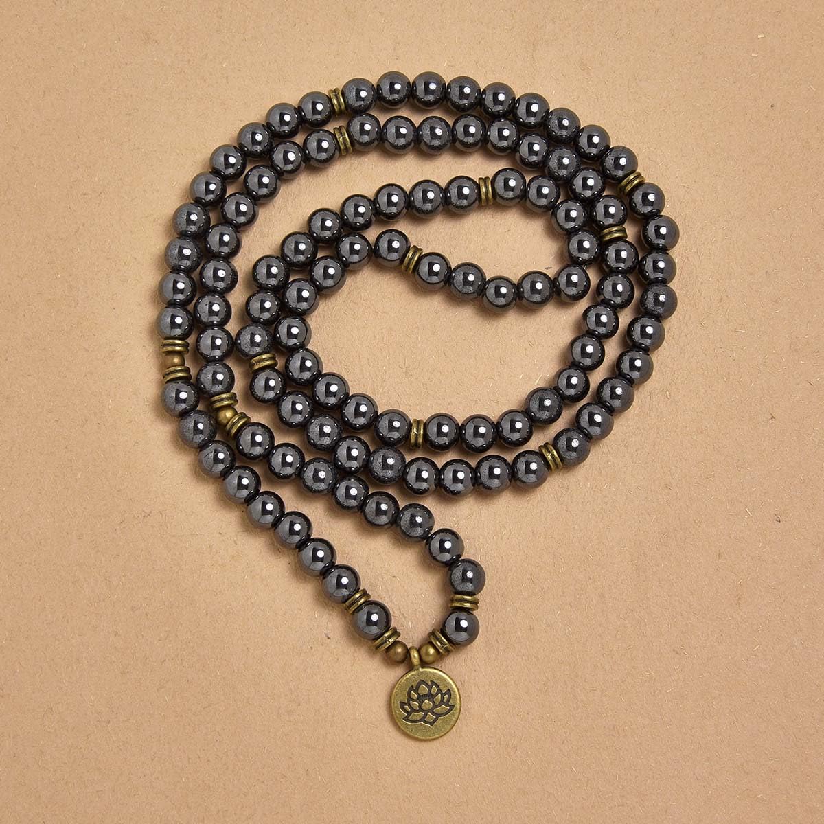 108 Natural Stone Mala Beads Yoga Bracelet with Lotus Charm (Hematite)