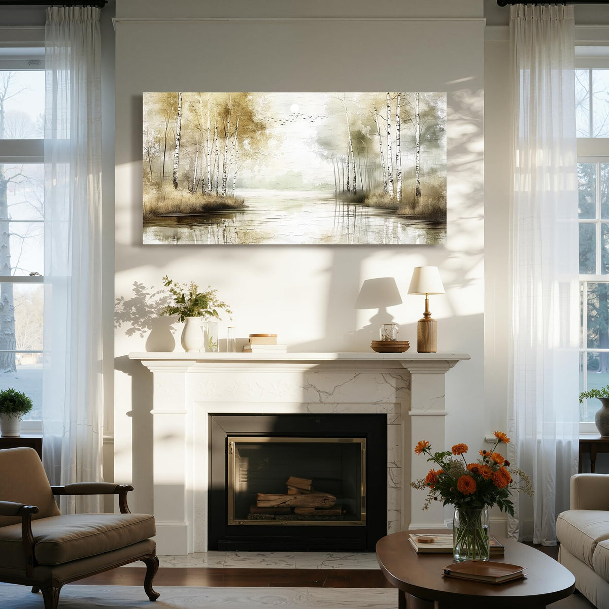 Birch Forest Large Wall Art Neutral Landscape Living Room Decor (Neutral Birch Forest / 48"L x 24"W)