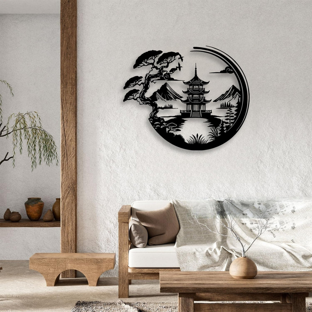 Bonsai Tree Torii Gate Metal Wall Decor (Black)