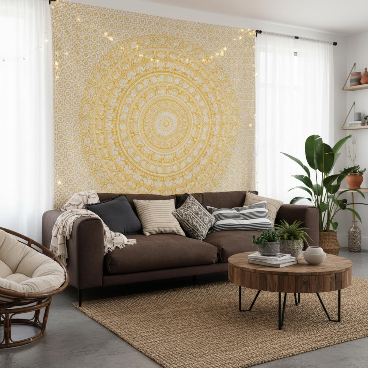 Cotton Mandala Tapestry (Yellow / 90"L x 108"W)