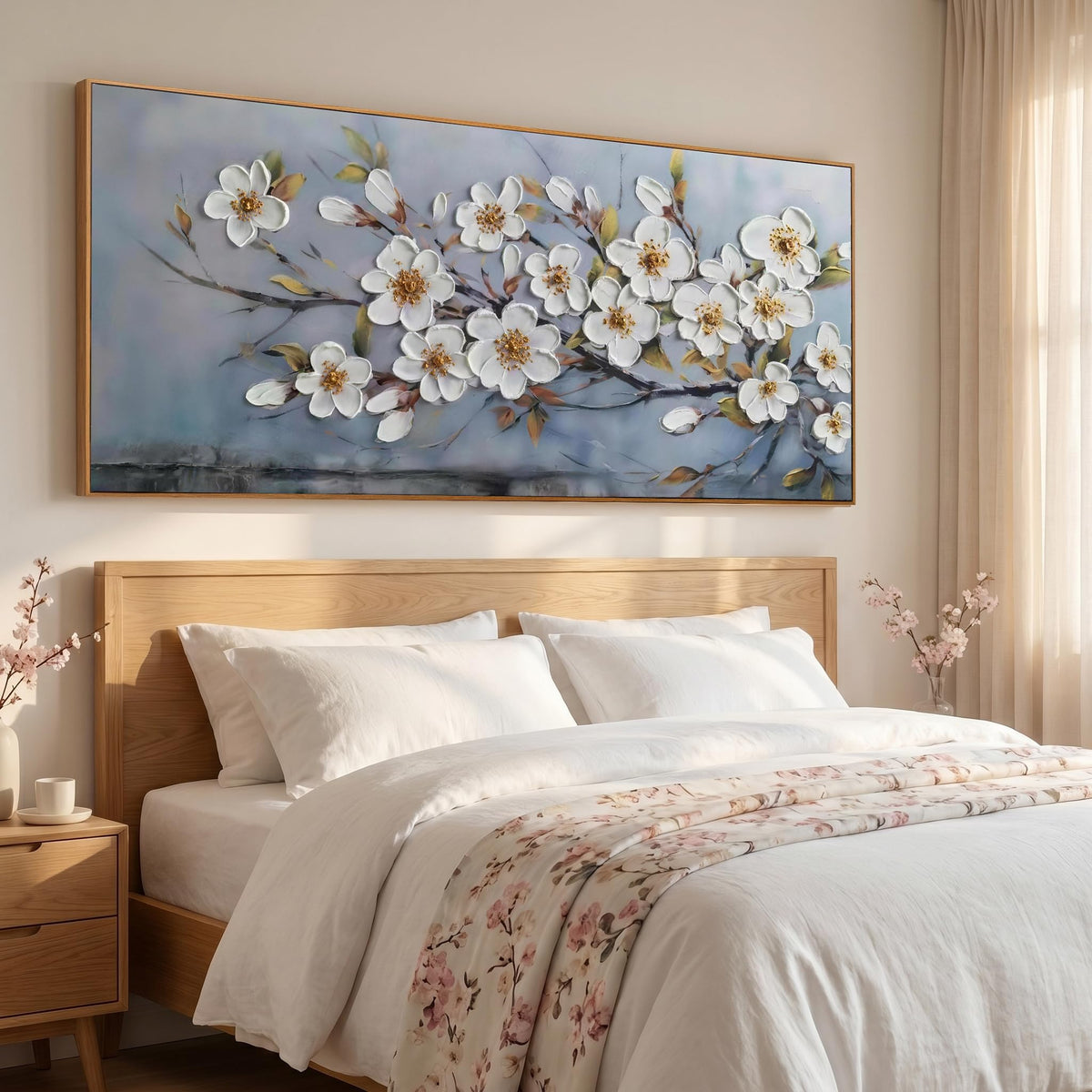 Framed Large Textured Canvas Wall Art for Living Room (White Flowers / Wood Framed / 71"L x 32"W)