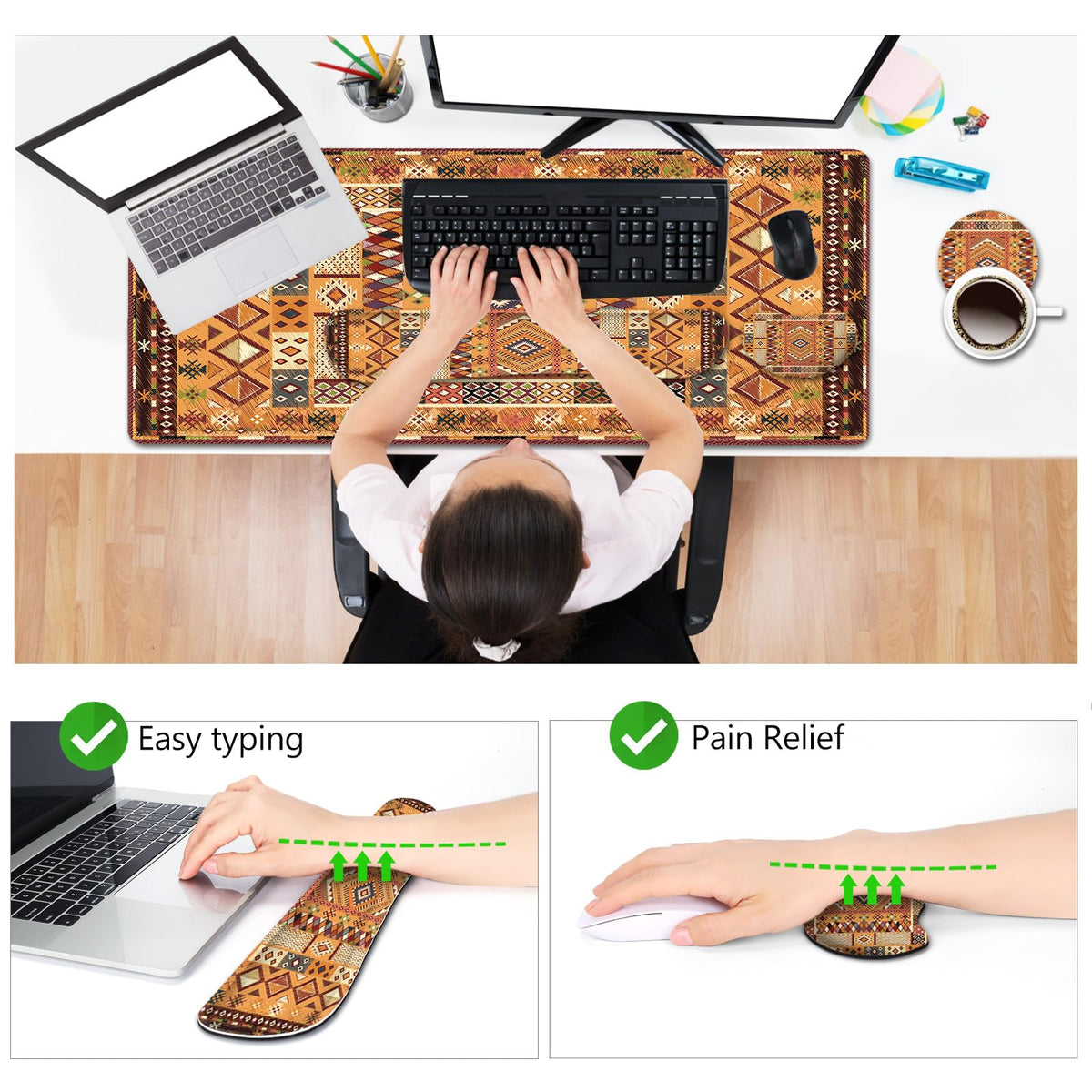 Desk Mat Set Large Mouse Pad + Mouse Wrist Rest + Keyboard Wrist Support + Coaster (Bohemian Orange)