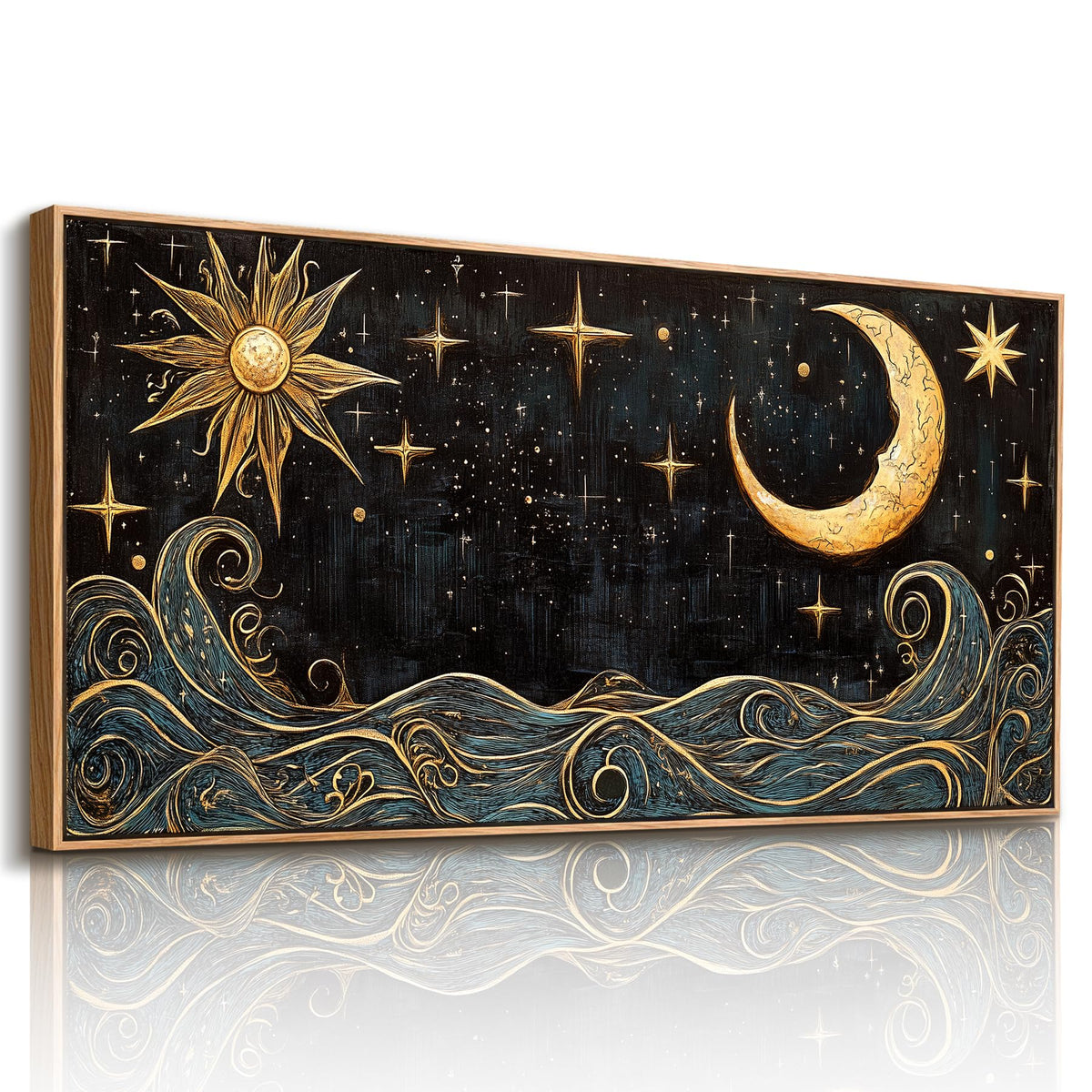 Sun Moon Celestial Large Framed Wall Art Witchy Decor Navy Gold (Sun and Moon / 48"L x 24"W)