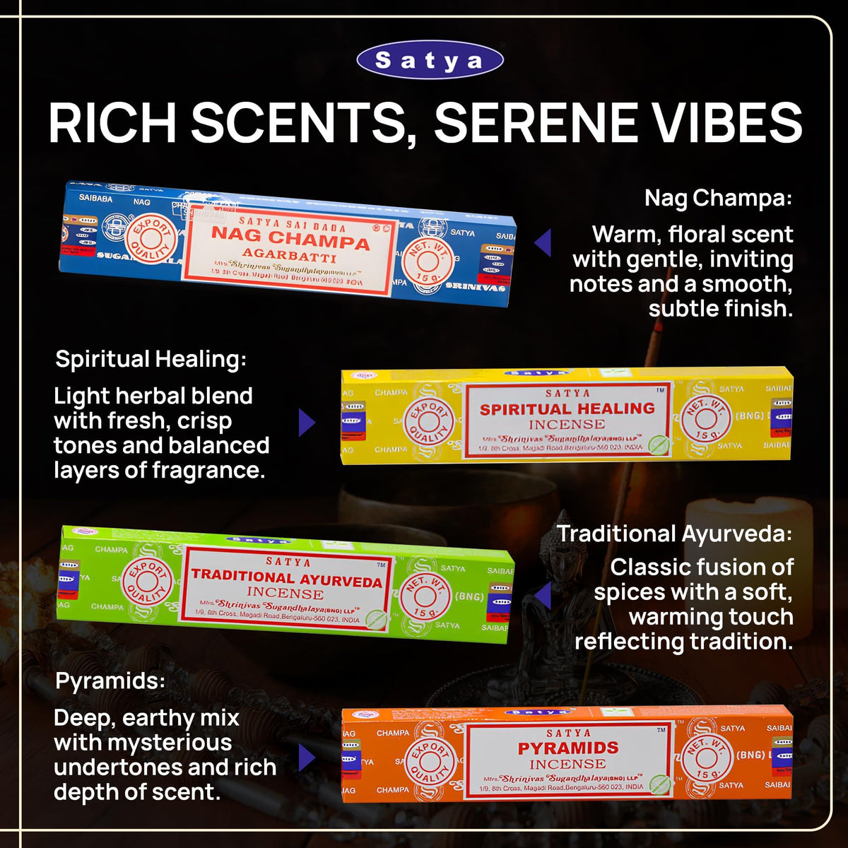 Set of 12 Nag Champa Namaste Positive Vibes Tantra Buddha Blessing Aura Cleansing Chakra Pyramids Reiki Karma Spiritual Healing Traditional Ayurveda