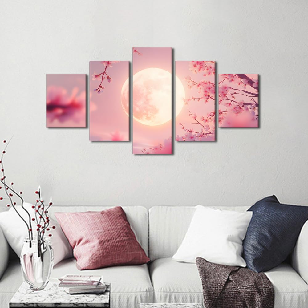 Wall Art Canvas Print Celestial Sakura Dance Framed Artwork Moonlit Blossom Painting Asian Inspired Decor Living Room Wall Display Ethereal Spring Night Ready To Hang 60" Wx32 H (60''Wx32''H / Artwork-15)