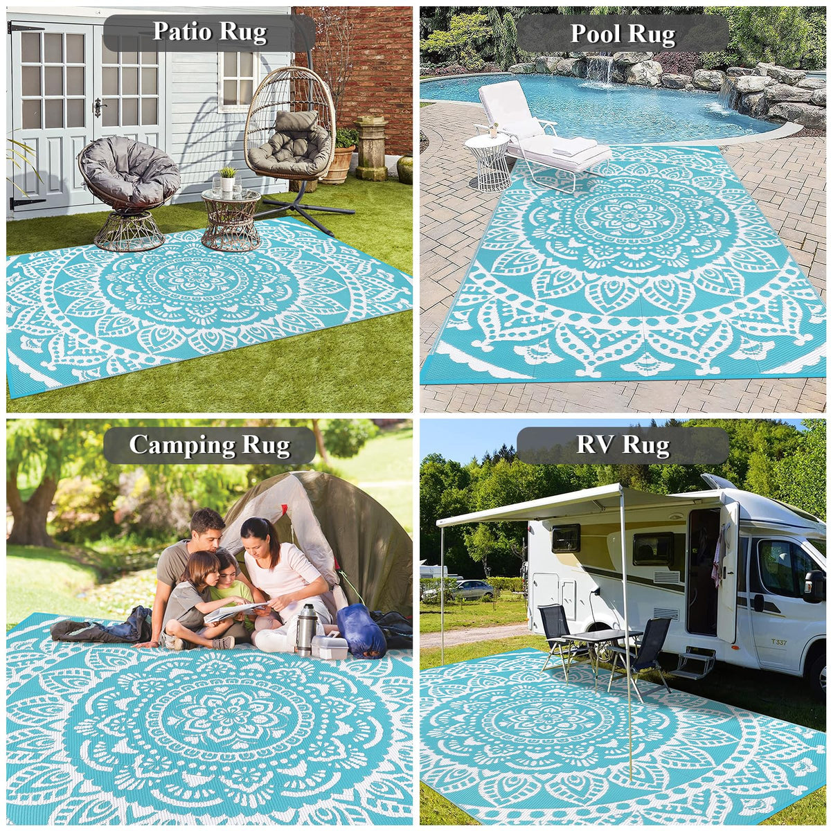Waterproof Outdoor Rug 6'x9' Reversible Boho Plastic Straw Patio Deck Camping Rugs (Flower Teal / 6' x 9')