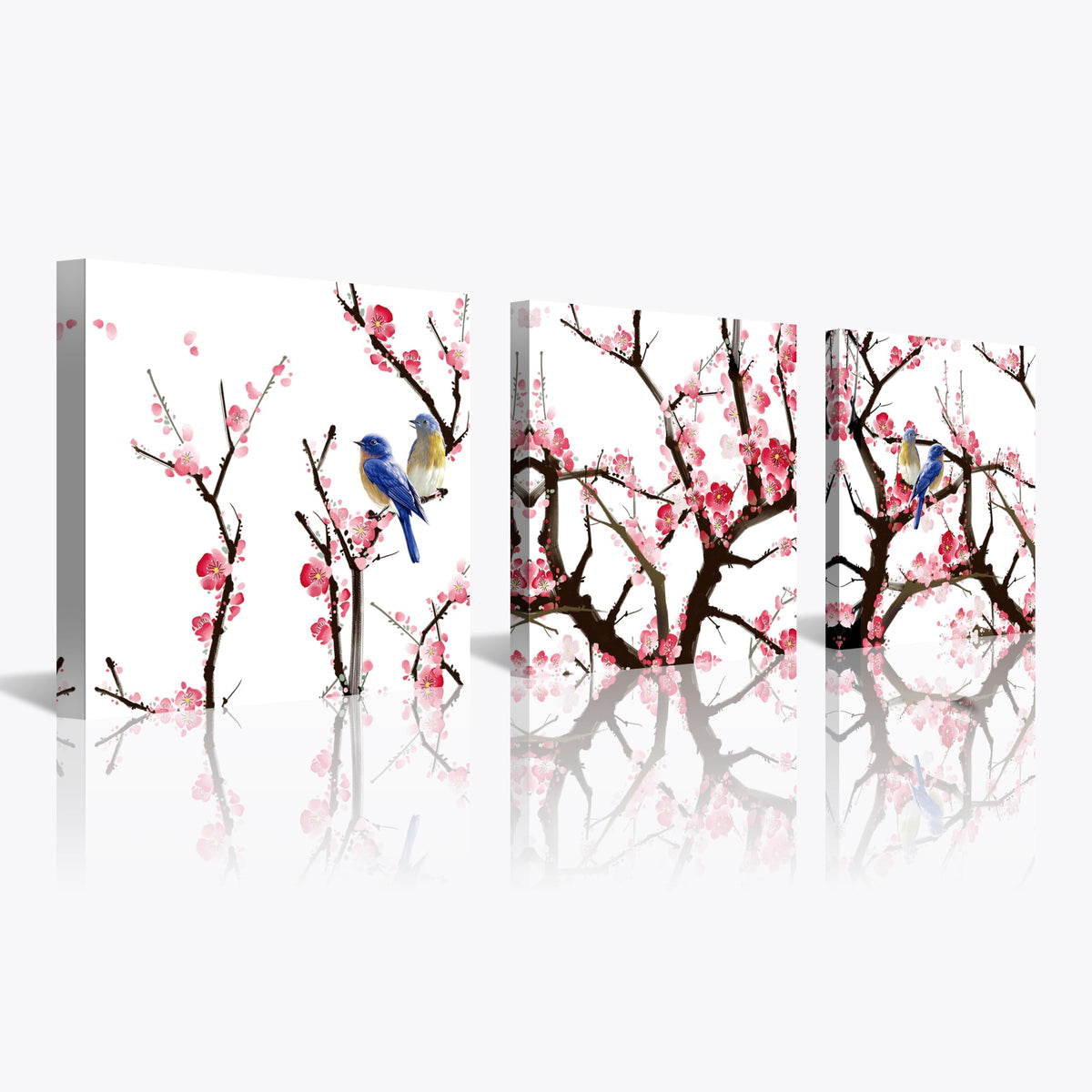 3PCS Chinese Cherry Blossom Canvas Wall Art Pink Plum Flowers with Blue Birds Wall Decor Asian Oriental Style Artwork Spring Nature Home Decor Living Room Bedroom Decoration Ready to Hang (Pink / 16x16 inches (3 pieces))