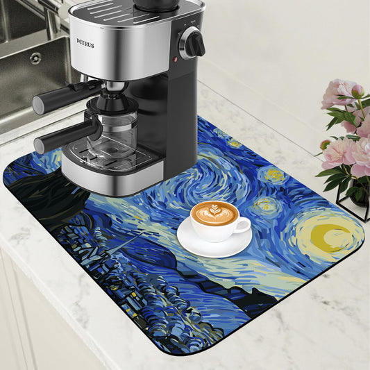 Dish Drying Mat Starry Night Art Coffee Bar Mat for Countertop Absorbent Rubber Backed Hide Stain Dish Drainer Rack Pad Espresso Machine Coffee Pot Dining Room Decoration 11.8 x 19.7 Inch (11.8" x 19.7")