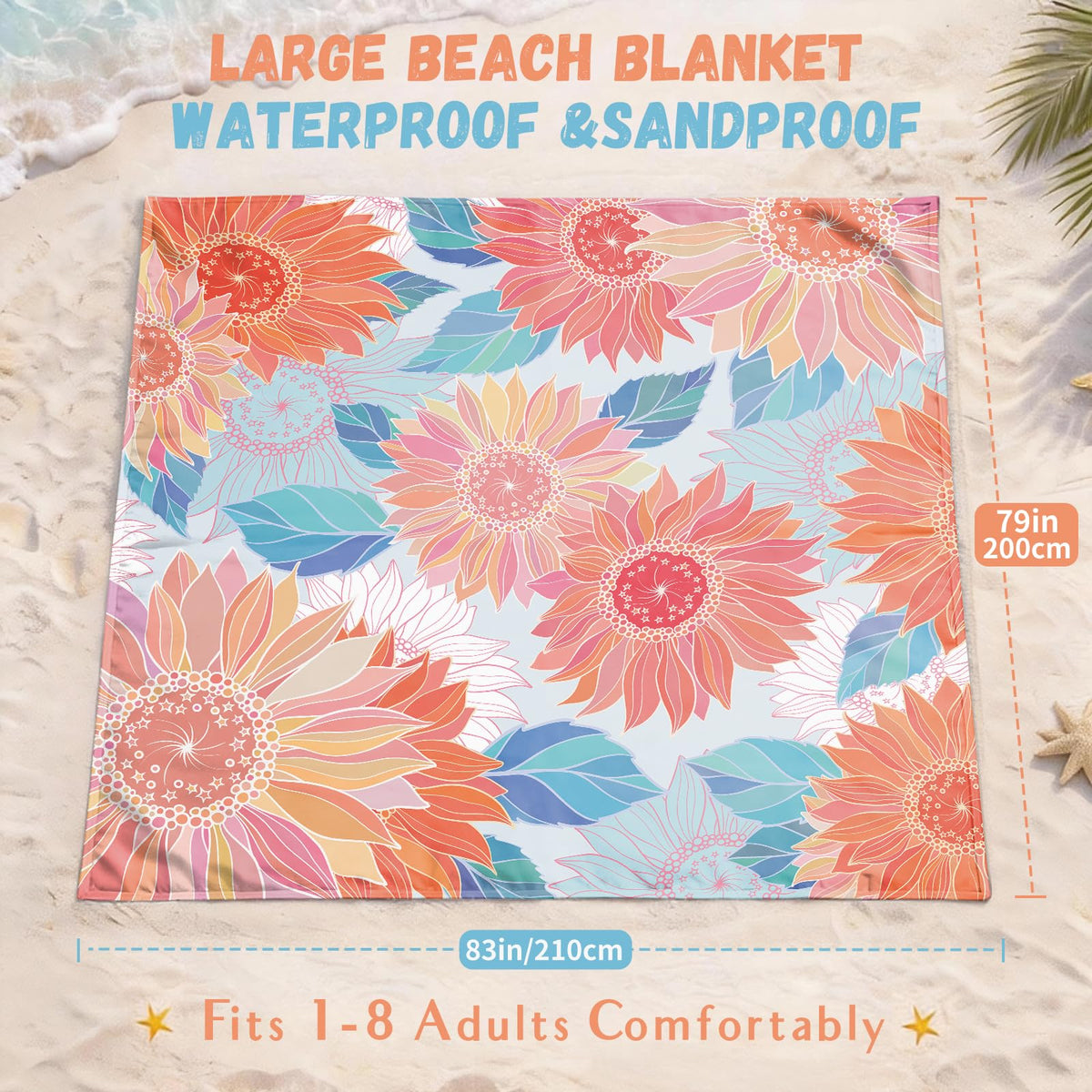 Beach Blanket Waterproof Sandproof (Blue Flower / 120“×108”)