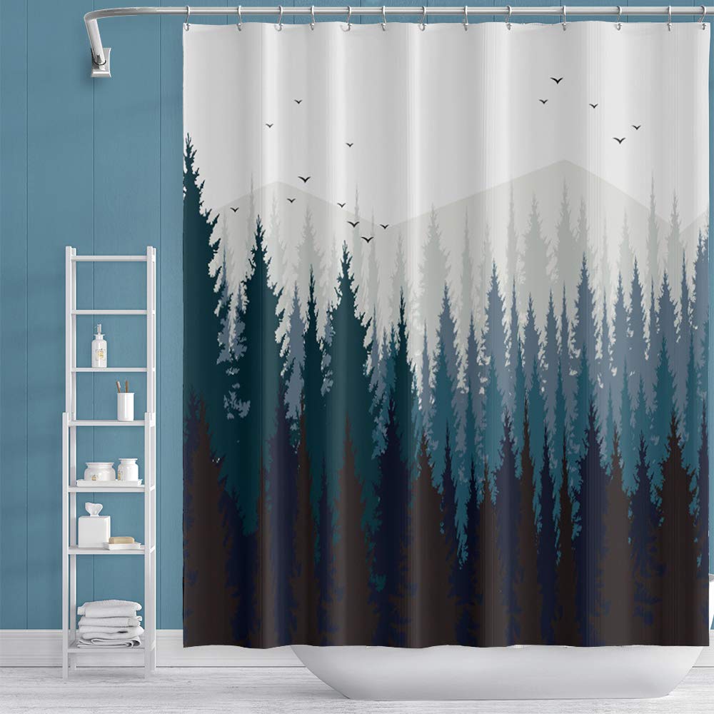 60x72inch Misty Forest Shower Curtain Fantasy Foggy Pine Tree Birds Landscape Woodland Natural Rustic Camper Bath Curtain Waterproof Fabric Polyester for Modern Home Bathroom Decor with Hooks (60"W x 72"L (Pack of 1) / Blue)
