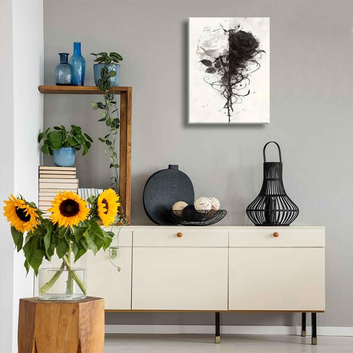 Black And White Rose Canvas Wall Art Grey Floral Roses painting Decor Pictures Modern Abstract Flower Plant Posters Prints for Living Room Bedroom office corridor bathroom Decoration (Rose / 24"L x 16"W)