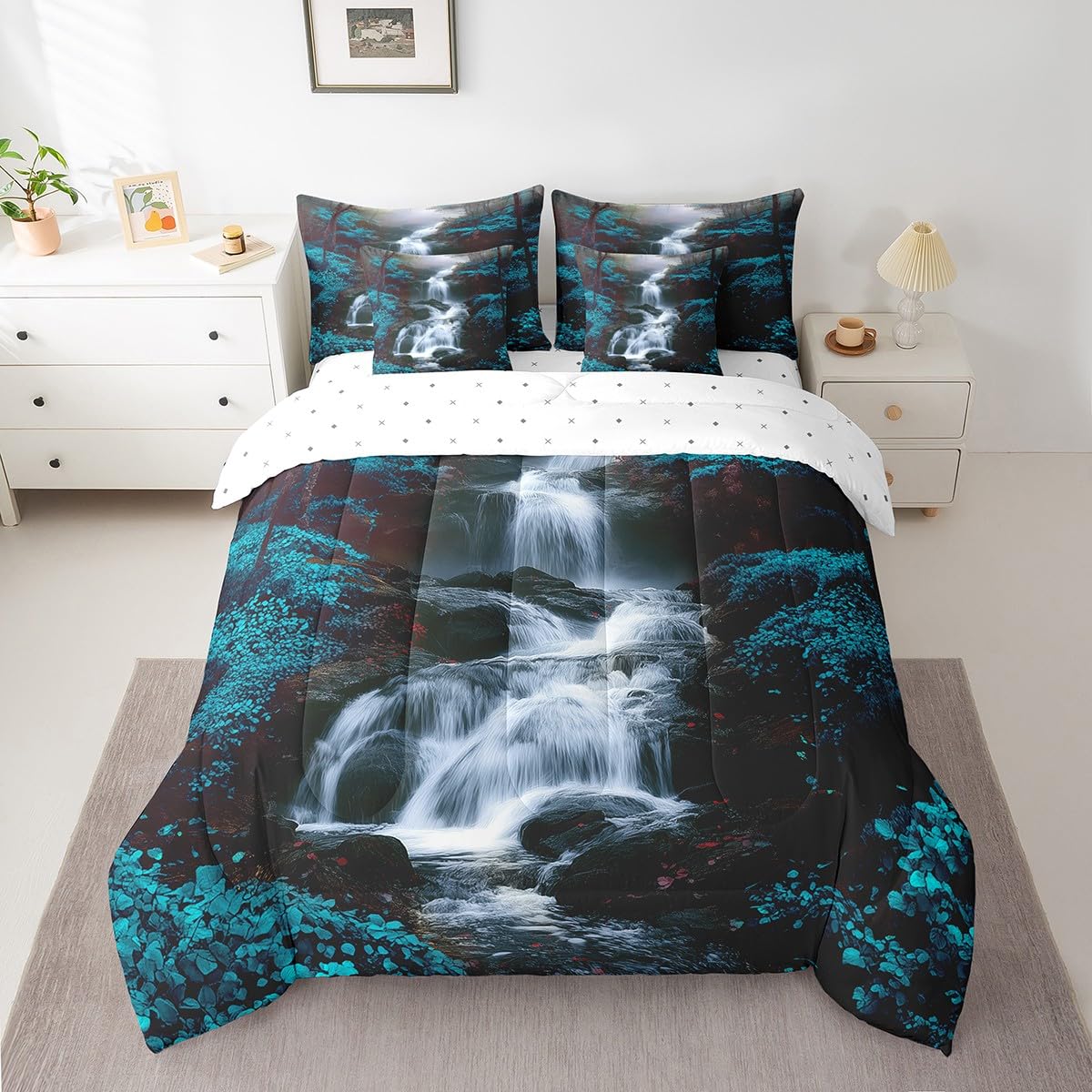 Waterfall Comforter Set with Sheets King Size Kids Chinese Style Zen 7 Piece Bedding Set All Season Teens Nature Scenery Bed in A Bag Breathable Soft Lightweight Ocean Blue Room Decor (Ocean Blue / King)