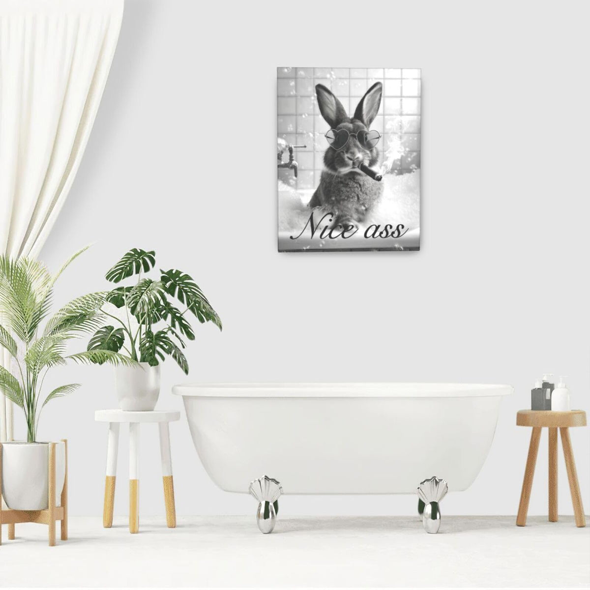 Funny Rabbit Bathroom Wall Art Black And White Bunny Bathtub Canvas Wall Decor Pictures Paintings Prints Artwork Framed Decorations For Bedroom Living Room Gifts 16" x 20" (Rabit / 20"L x 16"W)