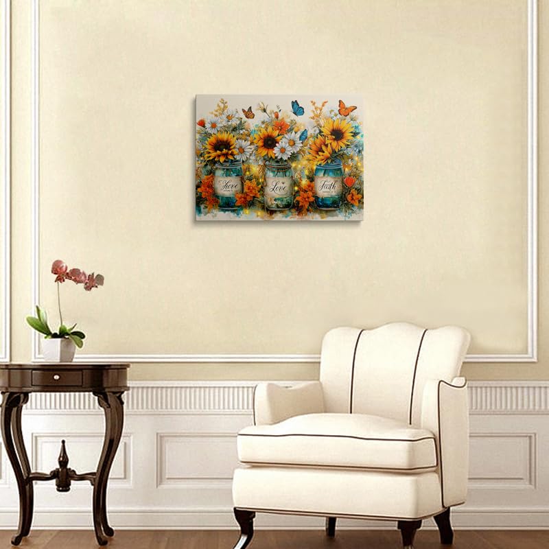 Sunflower Faith Love Canvas Wall Art Framed Painting Rustic Mason Jars with Wildflowers Butterflies Inspirational Words Farmhouse Wall Decor Artwork Print Poster 12x16 Inches (sunflower / 16"L x 12"W)