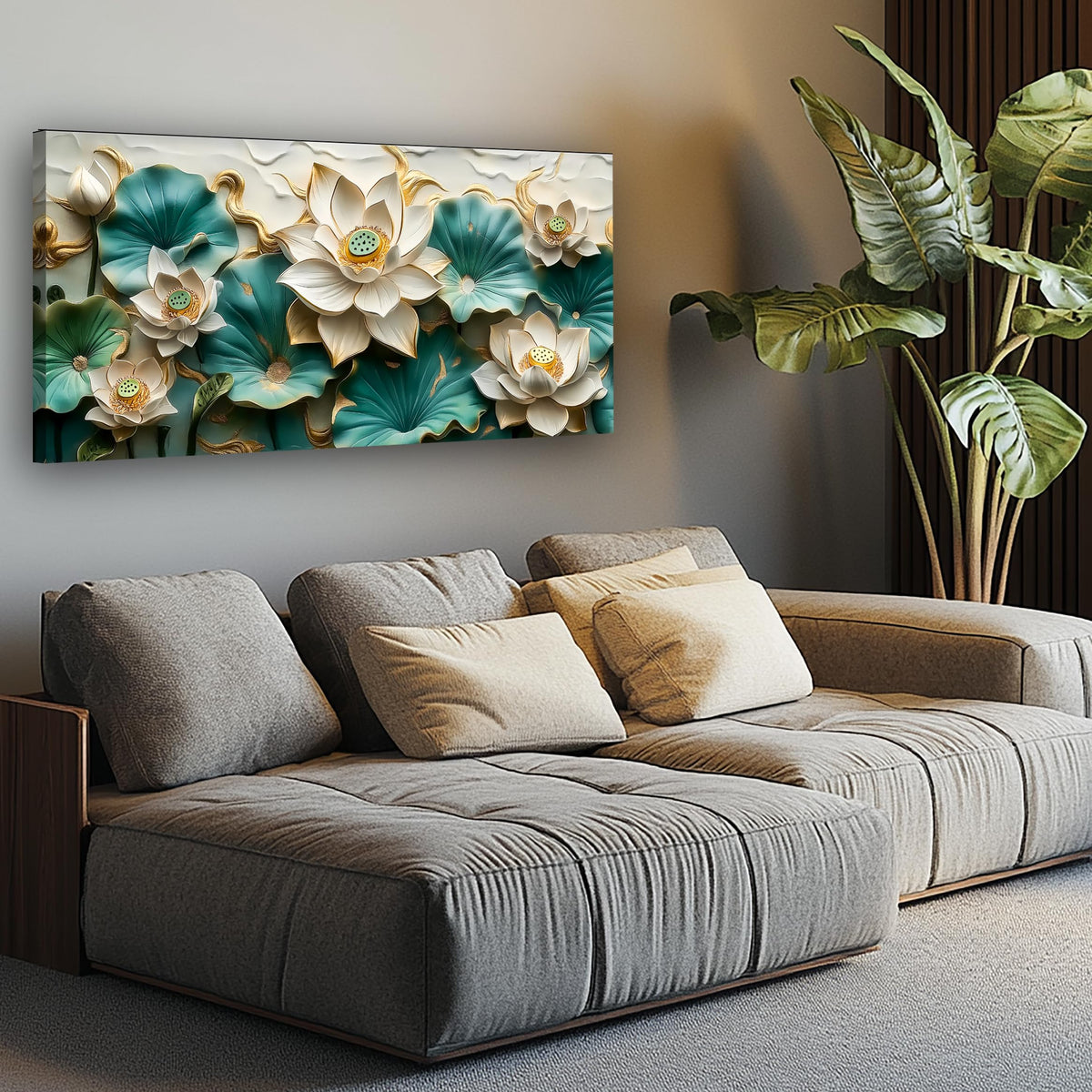 Flower Landscape Pictures Canvas Wall Art for Living Room Bedroom Wall Decor Green and White Modern Painting Nature Themed Home Decor Artwork Wooden Inner Frame 20x40 Inches (40"L x 20"W / Green and white lotus flower)