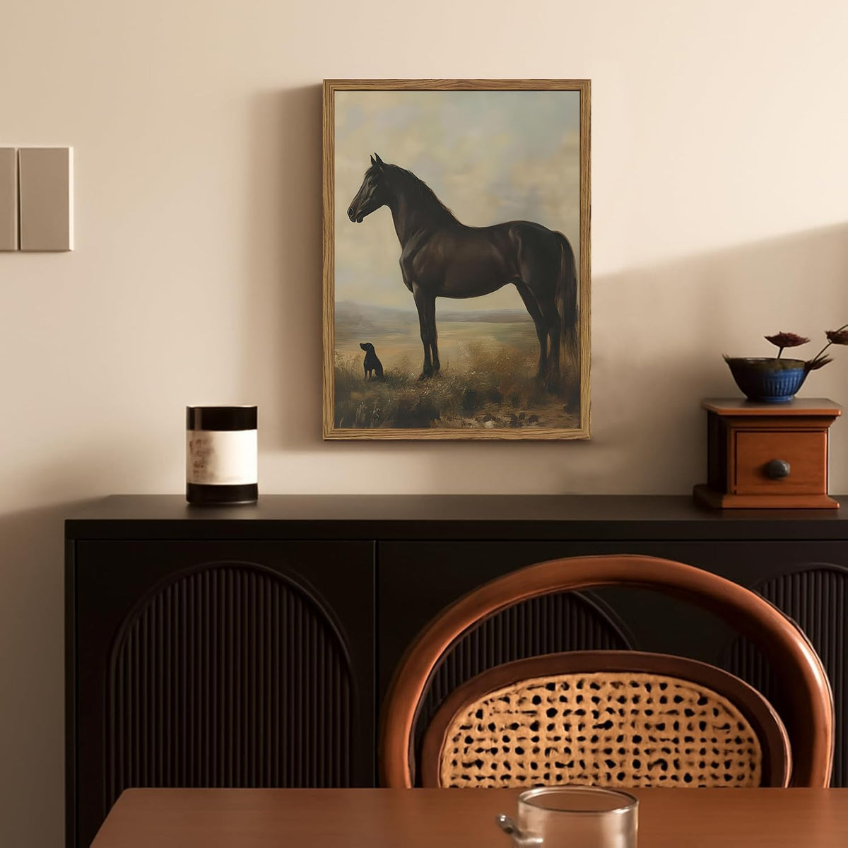 Vintage Black Horse Wall Art Cottagecore Horse and Dog Wall Decor Painting (Animal-F / 16"L x 12"W)