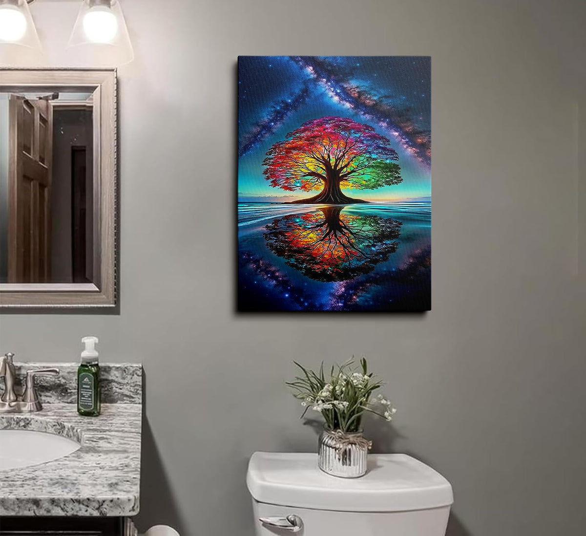Tree of Life Canvas Wall Art Framed Cosmic Star Landscape Decor 16x24 Inch (Rainbow Tree / 24"L x 16"W)