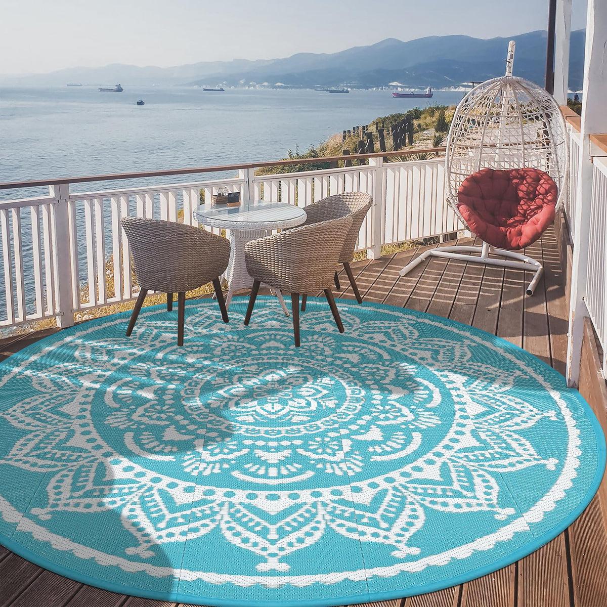 Waterproof Outdoor Rug 6ft Round Reversible Boho Plastic Straw Patio Deck Camping Rugs (Flower Teal / 6' (Round))