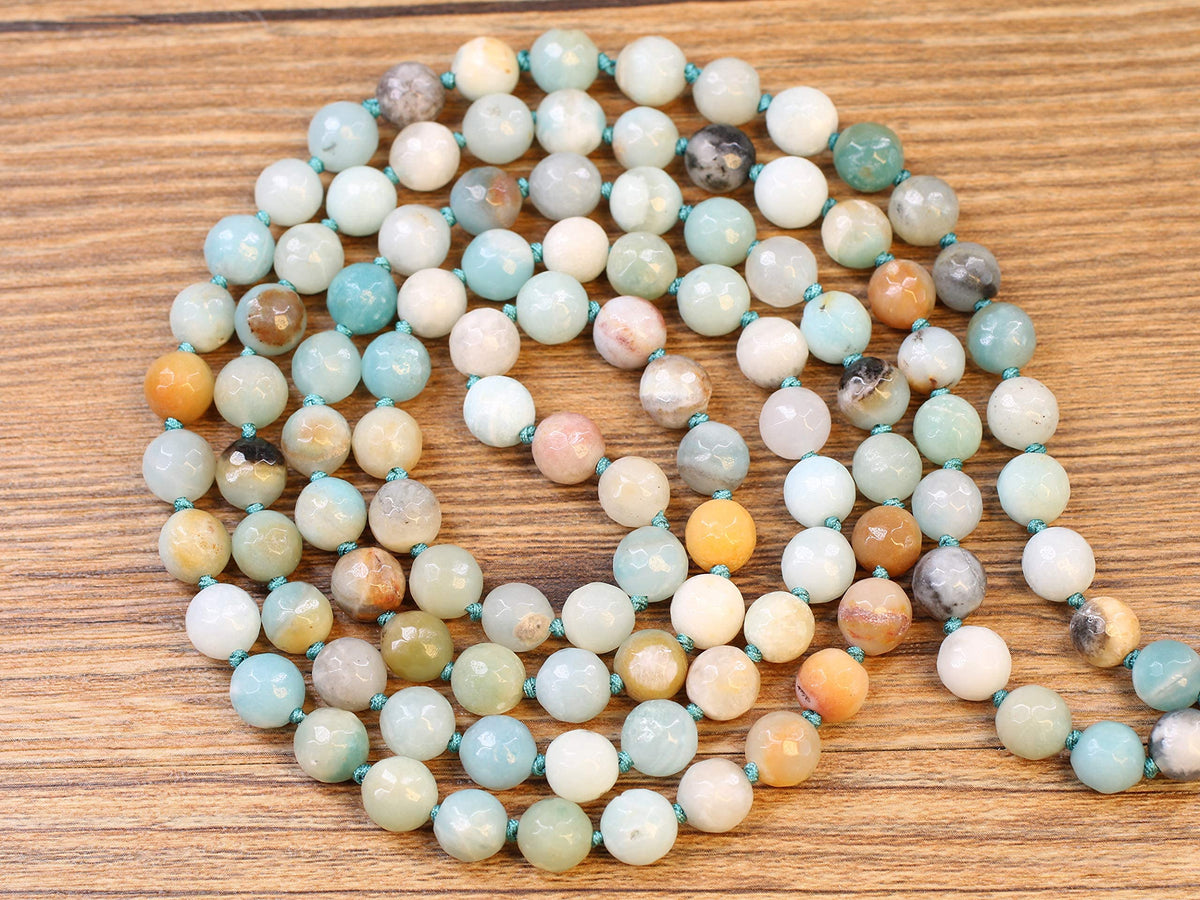 OM Charm Hand Knotted Tassel 108 Mala Beads Amazonite Stone Beaded Necklace 8mm (8mm / Faceted Amazonite)