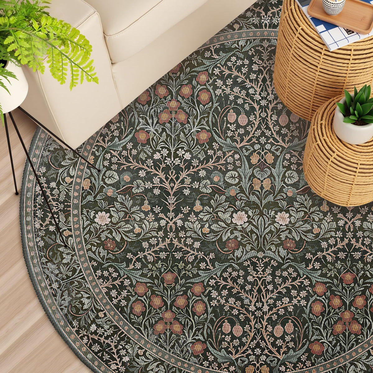 Dark Green Floral Round Area Rug 5ft (Daily-dark Green / 5' (Round))