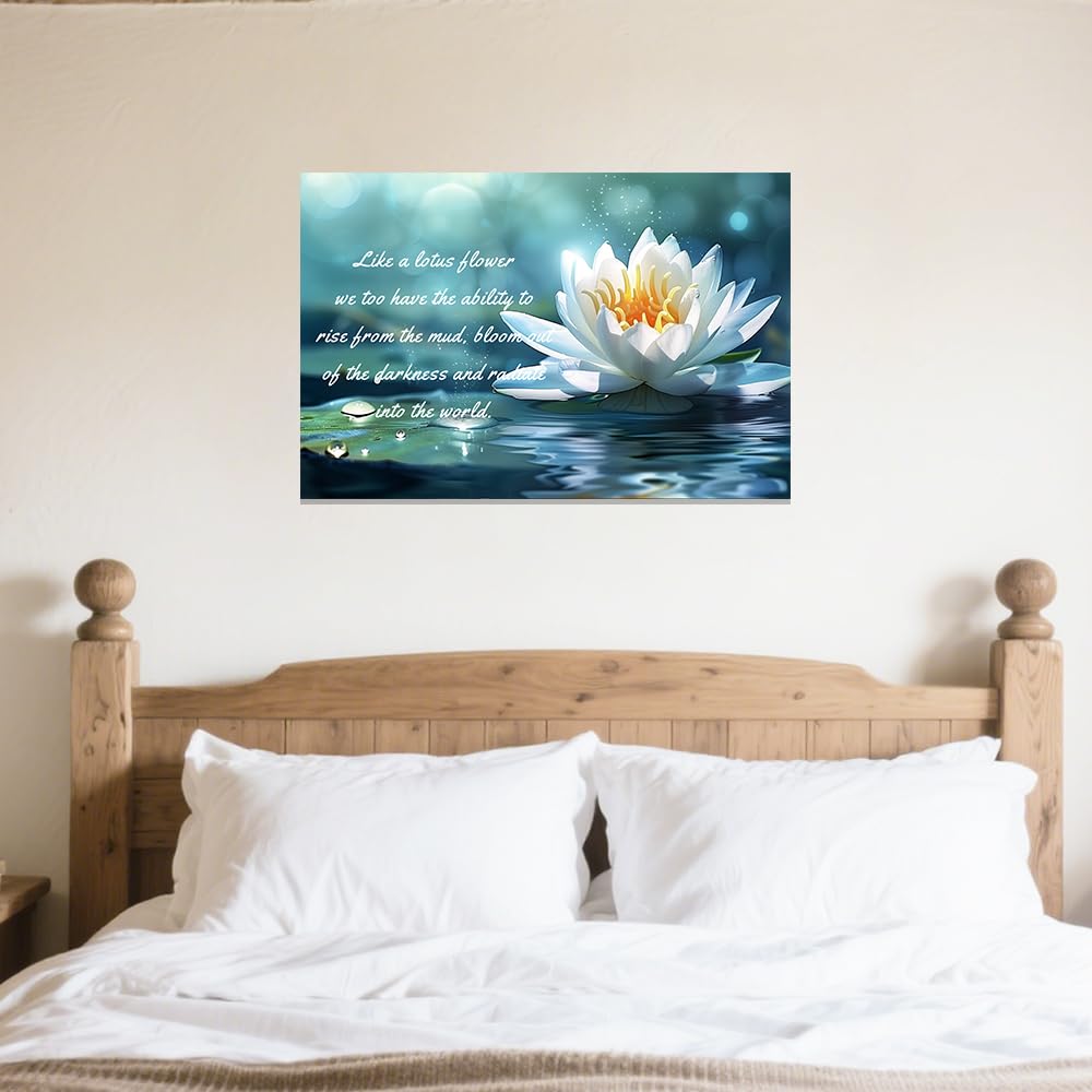 White Lotus Flower Wall Art Lotus Motivational Quotes Zen Decor for Bathroom Yoga Office Flower on Water Pictures Spa Canvas Prints Framed (Teal / 28" x 42")