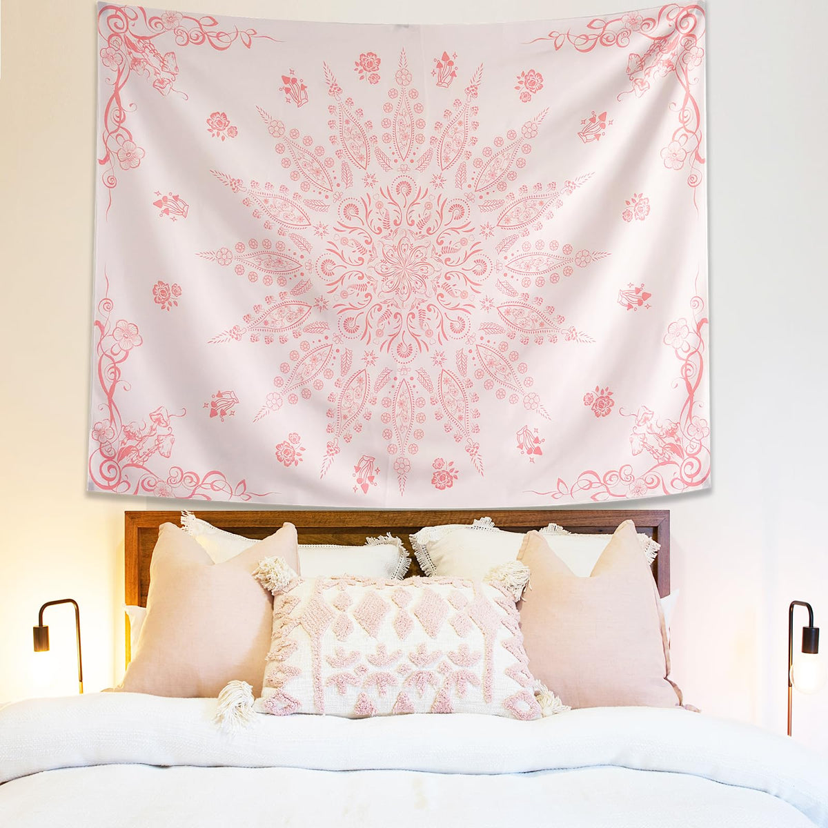 Pink Floral Boho Mandala Tapestry Wall Hanging for Bedroom 79" x 59" (Pink / 79"L x 59"W)