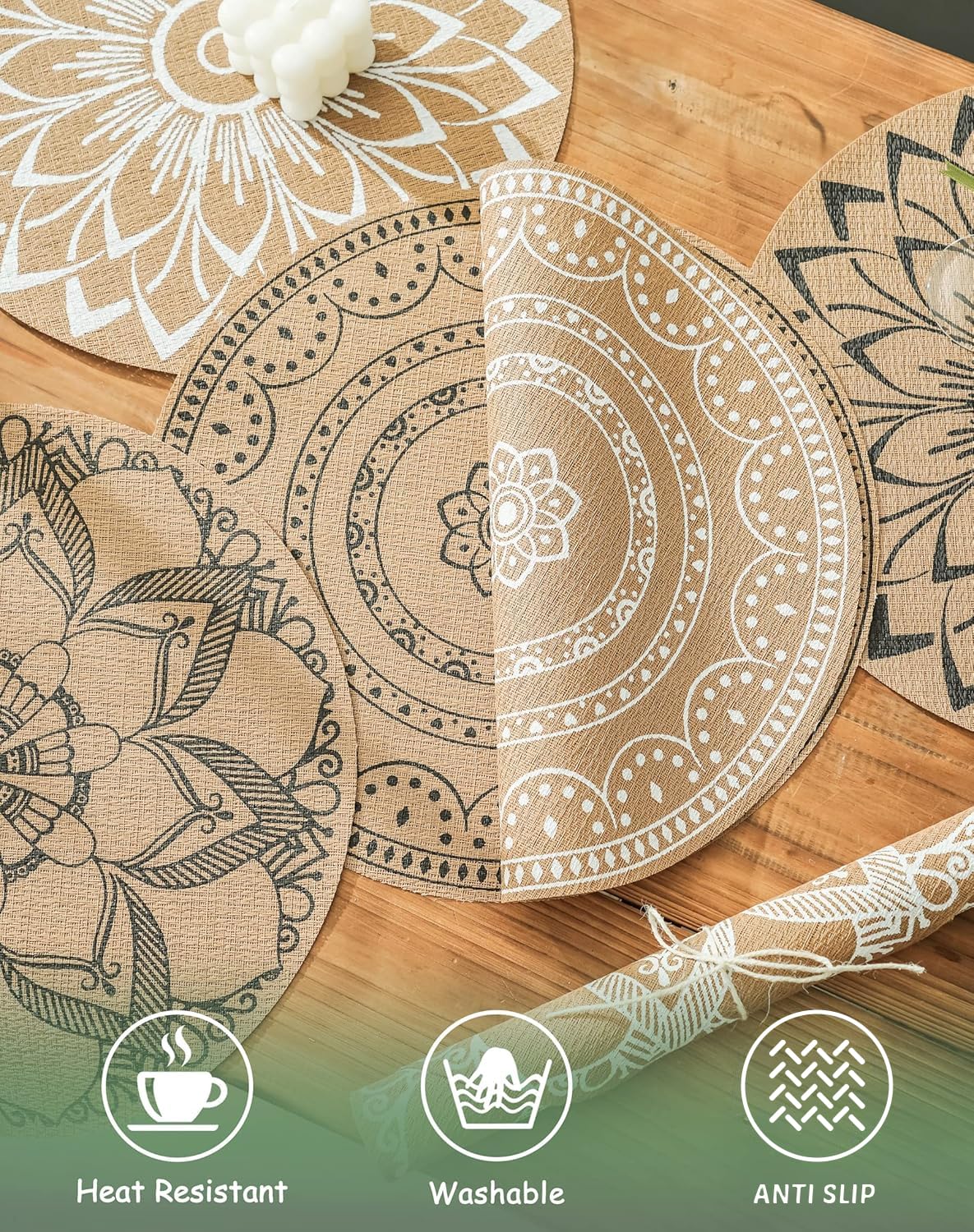 Set of 6 Boho PVC Round Placemats for Dining Table Mandala Table Mats Washable Heat Resistant Placemats Retro Table Decor Vintage Coffee Bar Mat Waterproof Dining Mat Bohemian Style (Mix)