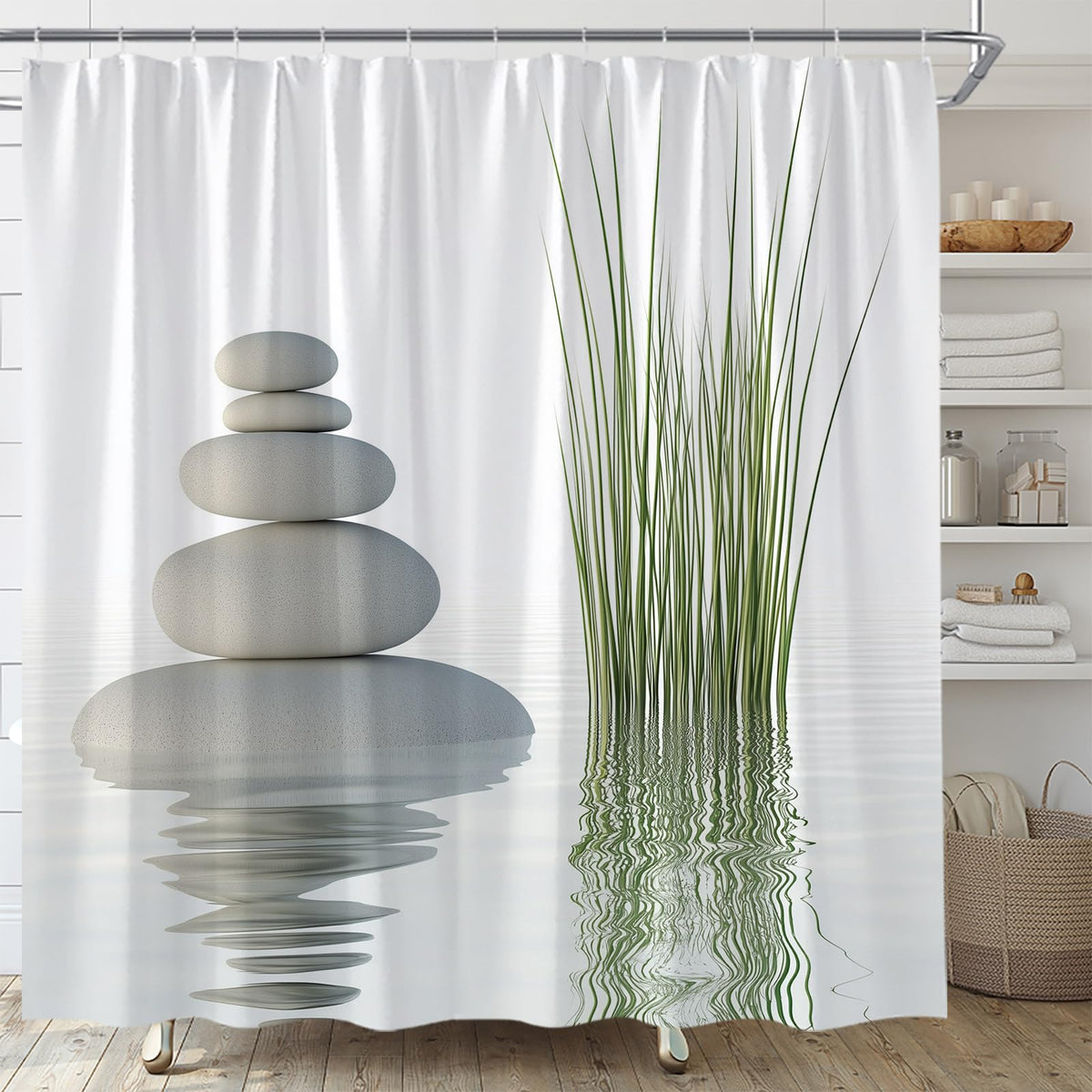 Zen Spa Shower Curtain Stone Wild Grass Reflection in Water Still Life Art Design Fabric Bathroom Decor Set (White / 70"W x 84"L (Pack of 1))
