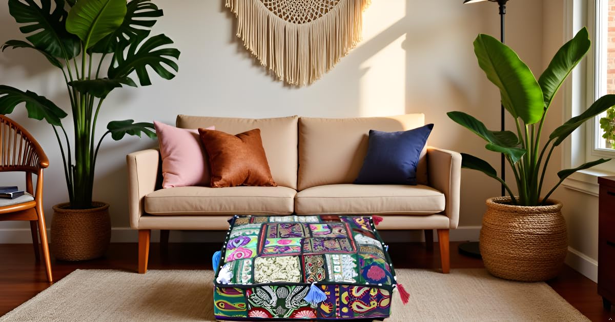 Indian Square Patchwork Traditional Pouf Cover Indian Living Room Poufs Decorative Embroidered Designer Ottoman Home Footstool Chair Cover Decor Pillow Cover 16x16x5 inches (16"D x 16"W x 5"H / Dark Green)
