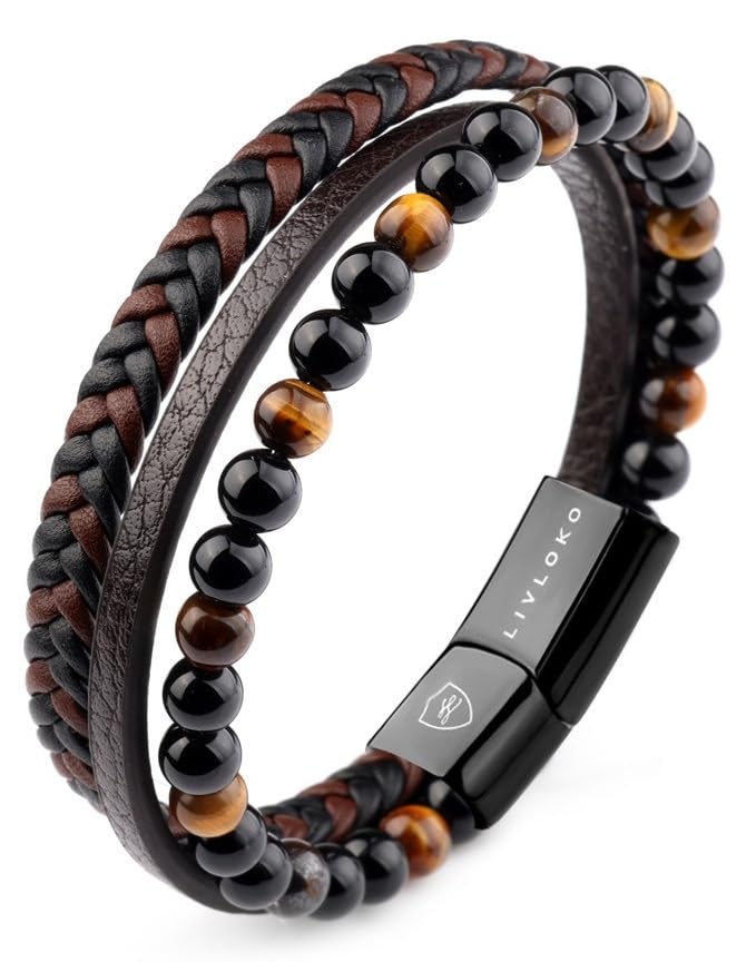 Mens Bracelet Leather Black Multi (B. Black Brown Tiger-Eye Adjustable / 8.75 IN)