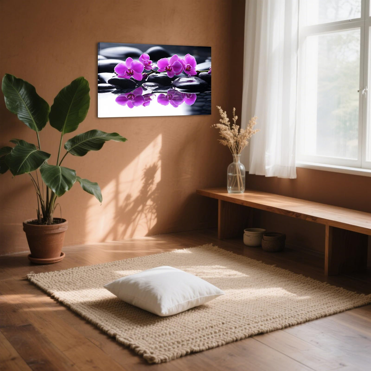 Purple Orchid Zen Canvas Wall Art Black Stone in Water Painting Framed Artwork Poster for Yoga Meditation Room Spa Bathroom Decor (WE000050-10 / 24"L x 16"W)