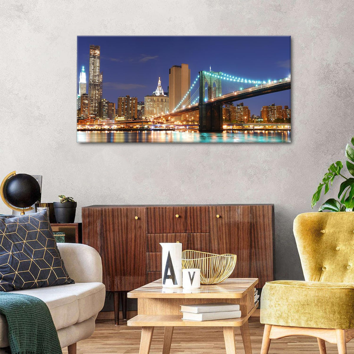 New York Wall Art USA NYC Night View Pictures Canvas Prints Brooklyn Bridge Panoramic Artwork Modern Urban Downtown Cityscape Painting City Building Poster for Bedroom Living Room Decoration 24x48" (48"L x 24"W / Brooklyn Bridge)
