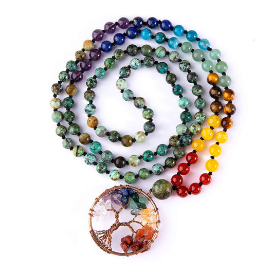 108 Mala Beads Necklace Tree of Life 7 Chakra Wrap Bracelet Real Healing Gemstone Yoga Meditation Hand Knotted Mala Prayer Bead Necklace (6mm / African Turquoise)