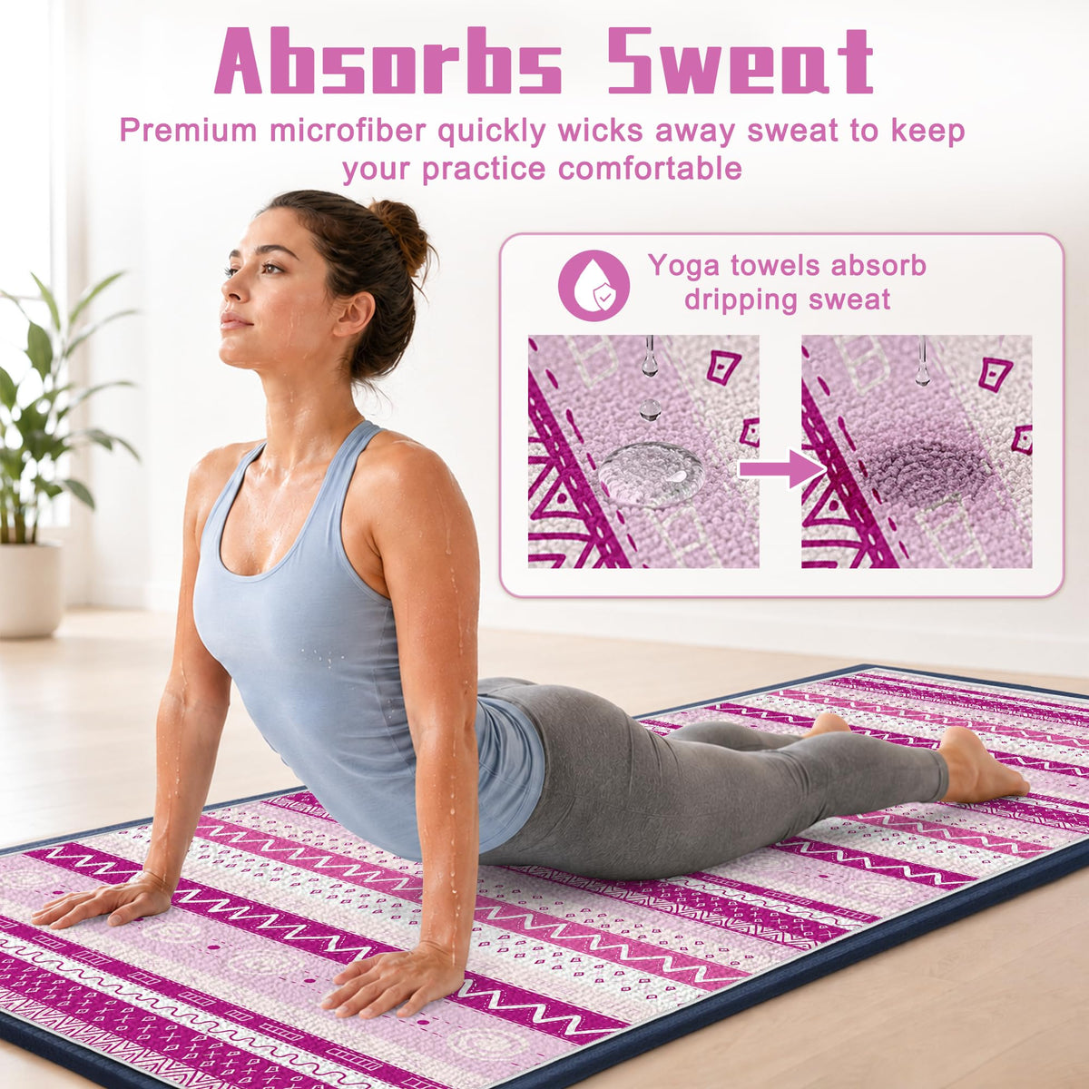Yoga Towel Absorbent Yoga Mat Towel for Hot Yoga Non Slip (Pink Triangle Geometry / Casual)