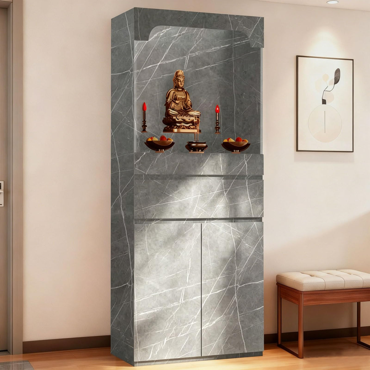 Altar Table Pooja Cabinet with Drawers and Storage Cabinets (55.1×15.7×65.4in / Dark Gray Grain)
