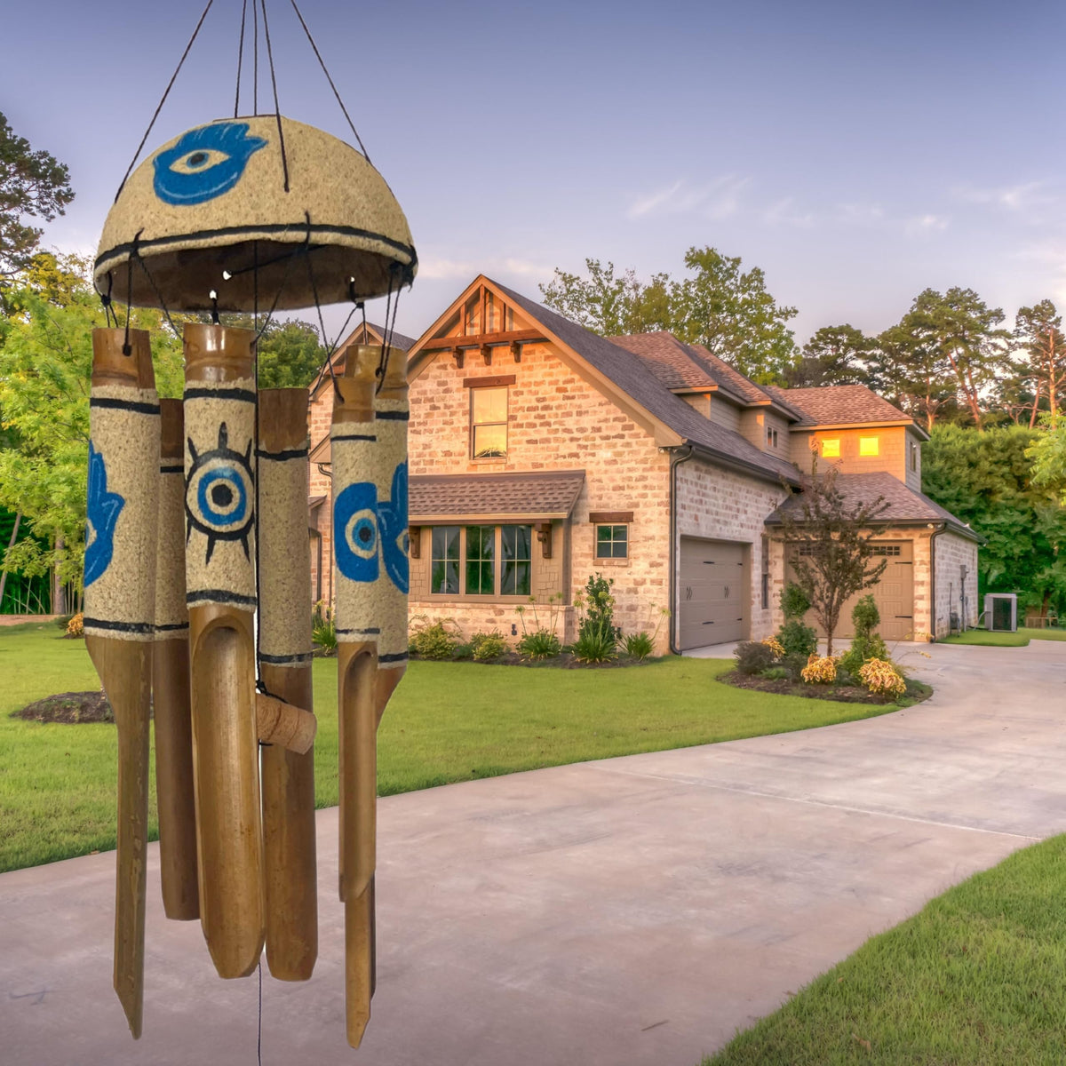 Bamboo Wind Chimes Sea Sand Art Painting Hamsa Evil Eyes Protection Handmade Windchimes Outdoor Garden Patio Gifts 32 Inch (Blue Sand)