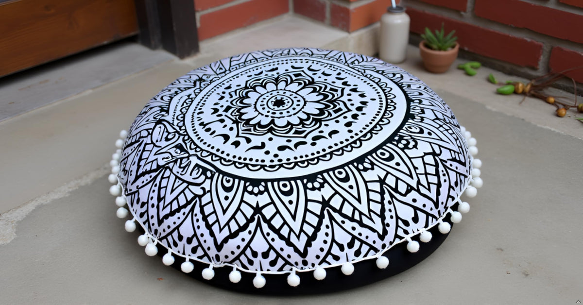 32" Large Round Bohemian Floor Pillow Cover Boho Pouf Cover Mandala Meditation Room Pillows Cover Adults Seating Poufs Cushion Cover for Kids Reading Playroom Black Flower (Black Flower)