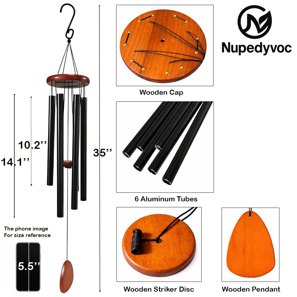 35” Large Black Aluminum Wind Chimes with Brown Wooden Cap for Outside (Black Aluminum Wind Chimes With Brown Wooden Cap)