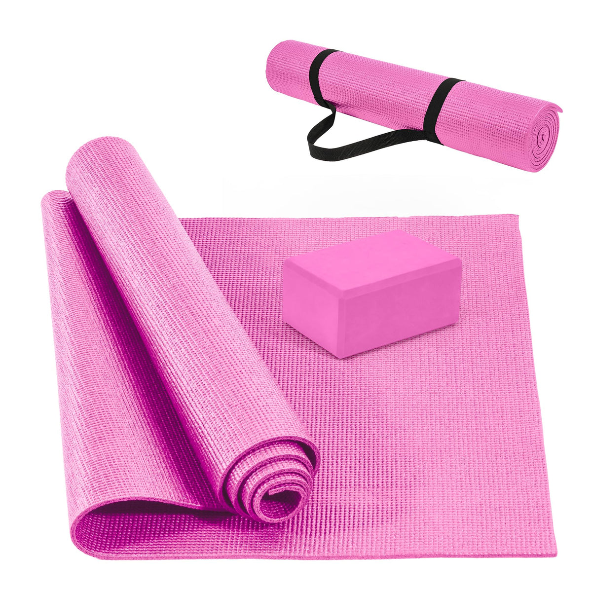 All Purpose 0.25 Inch Thick High Density No Tear Exercise Yoga Mat with Strap & Lightweight Features for Indoor & Outdoor Use (Pink)