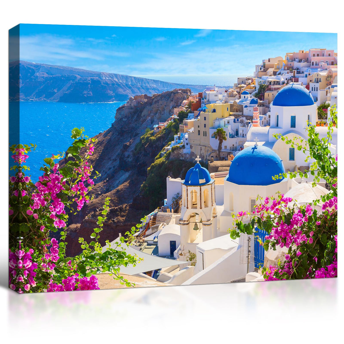 Santorini Island Canvas Wall Art Greece Seascape Poster 12x16 Inch (Blue White Churches / 12"L x 16"W)