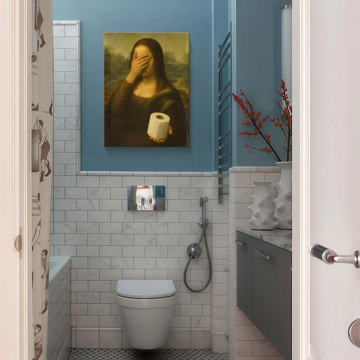 Funny Mona Lisa Bathroom Canvas Wall Art Parody World Famous Paintings Poster Print Modern Bathroom Paintings Humor Painting Gallery Wrap Bathroom Wall Decor Framed 12x16 Inch Ready to Hang (Funny Mona Lisa-2 / 12"L x 16"W)