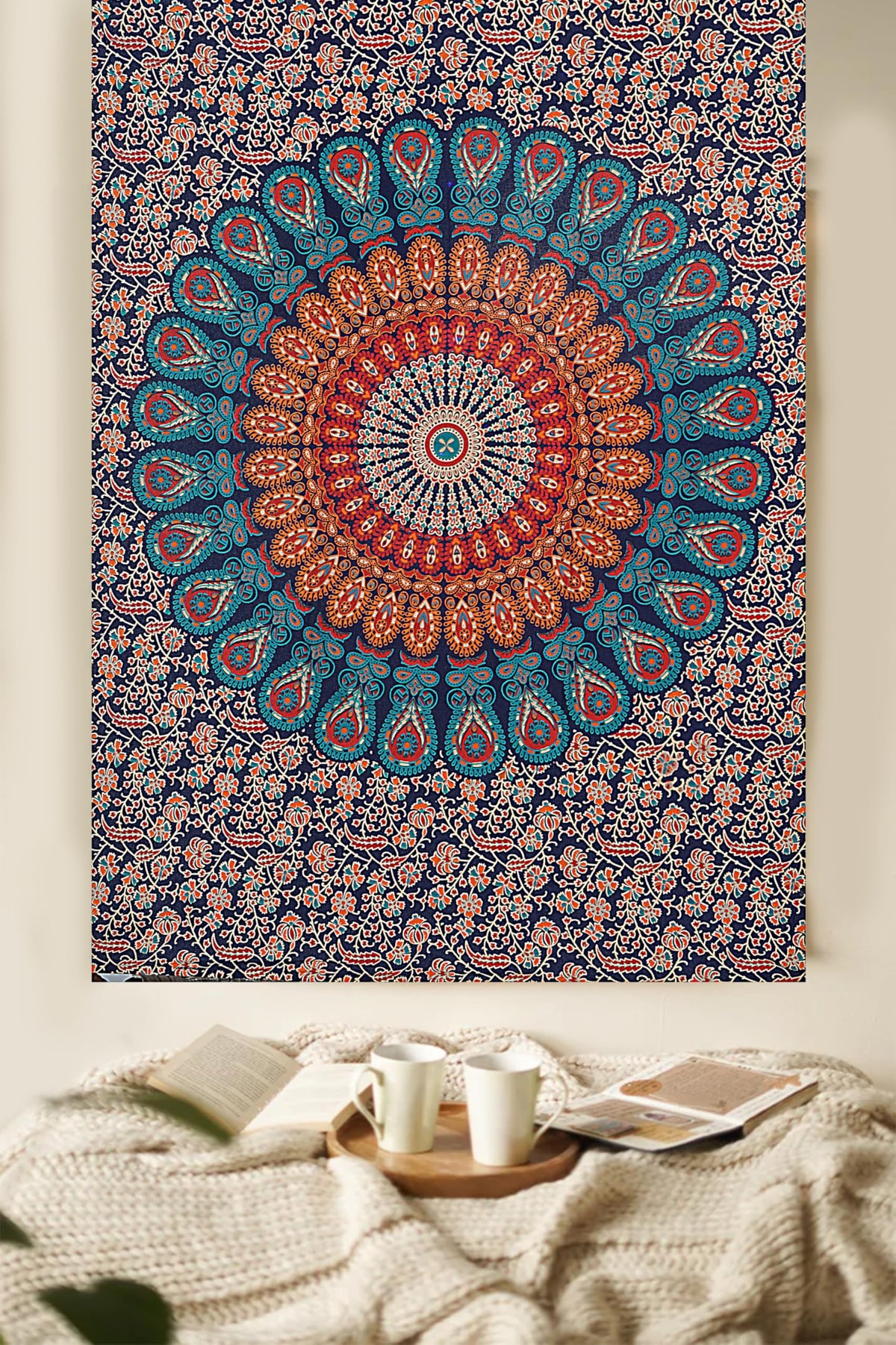 Handmade Cotton Peacock Mandala Tapestry (40"L x 30"W / Golden Blue)